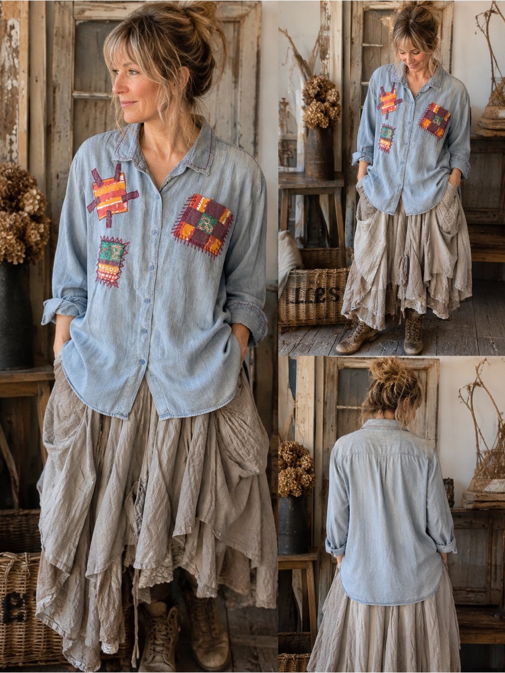 Vintage Backroad Blues Patchwork Chambray Button Down Shirt 24W Boho Artsy